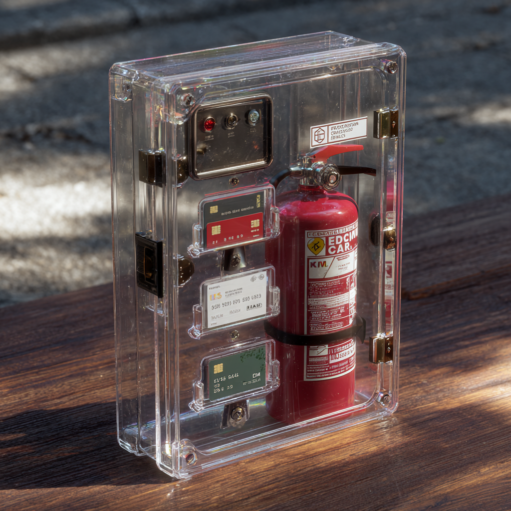 Fondo de emergencia representado como extintor en caja transparente, símbolo de ahorro y protección financiera