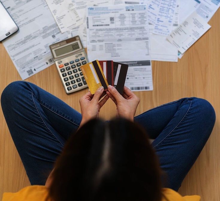 Mujer revisando tarjetas de crédito y facturas mientras planifica sus finanzas personales con asesoramiento financiero.